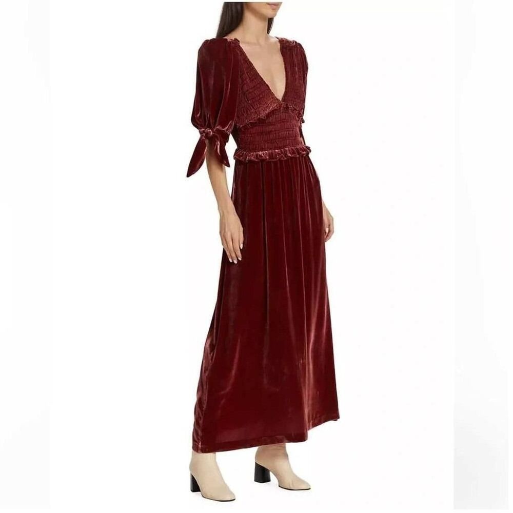 Sea New York Mayde Velvet Puff Sleeve Smocked Dress Rust Size M